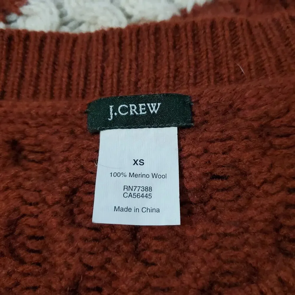 J. Crew 100% Merino Wool Striped Cable Knit Sweater Rust Orange White Women's XS